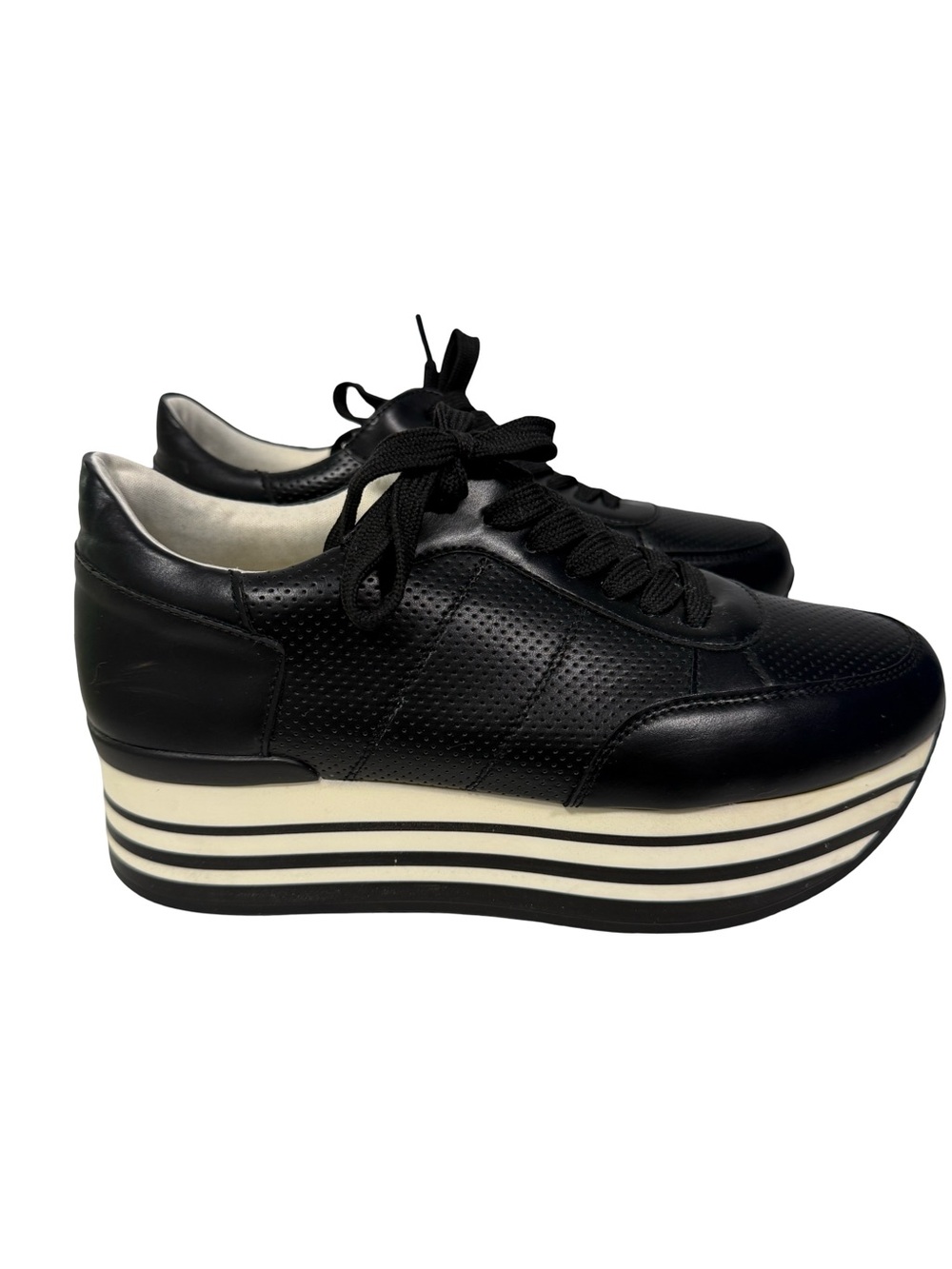 Primadonna Collection Italian Black Platform Lace-Up Sneakers with Striped Sole
